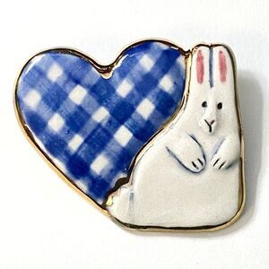 S. Faye Bunny & Blue Plaid Heart Ceramic Hand Painted Signed Pin Brooch